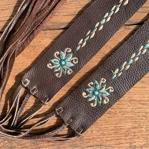 Artisan soft chocolate leather floral embroidered indie festival fringe belt Custom floral tooling belt with beads Chocolate borders  main image 2